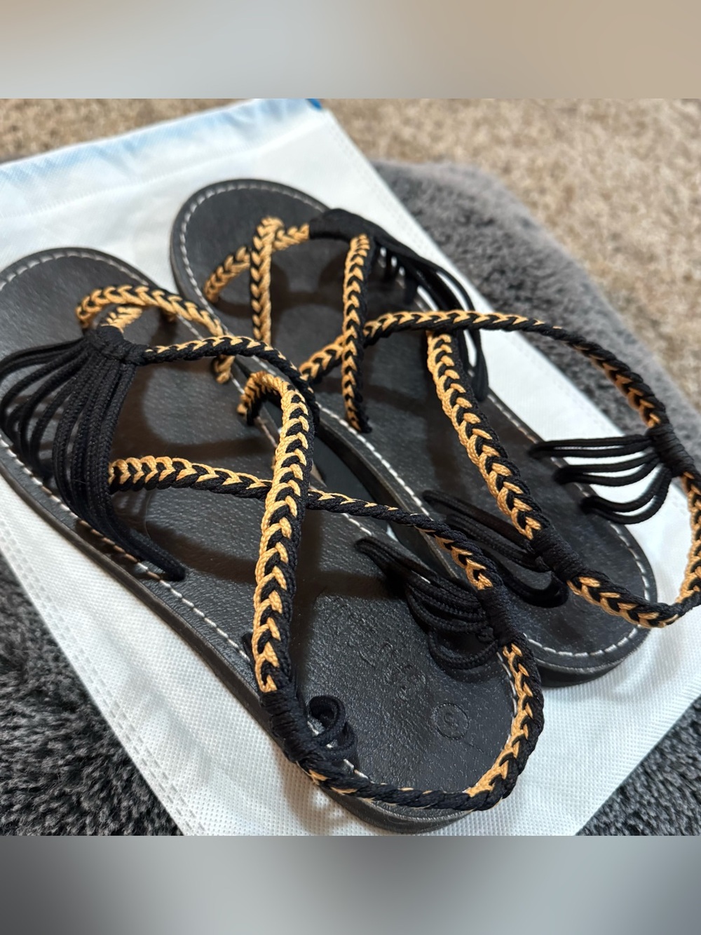 Black Sandals with Yellow Braid Detail